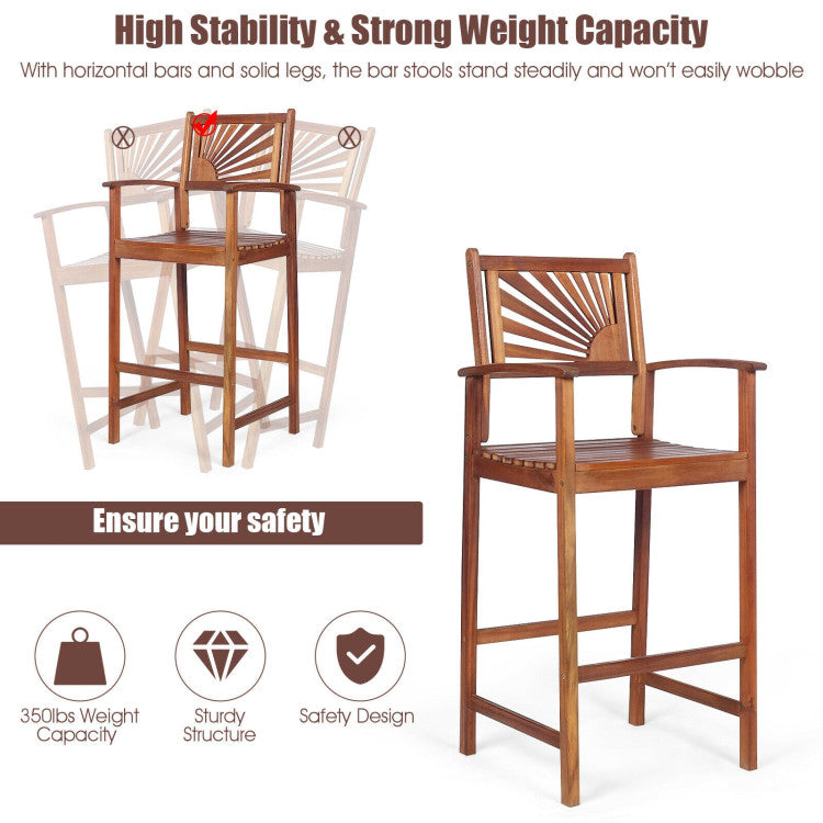 Set of 2 Patio Bar Stools Outdoor Acacia Wood Bar Chairs with Sunflower Backrest and Curved Armrests for Balcony Sunroom
