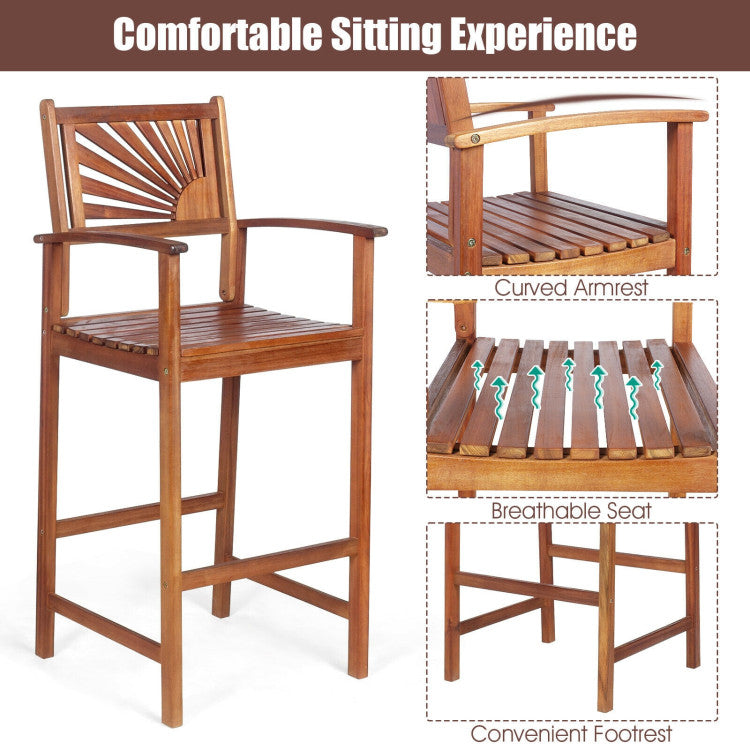 Set of 2 Patio Bar Stools Outdoor Acacia Wood Bar Chairs with Sunflower Backrest and Curved Armrests for Balcony Sunroom