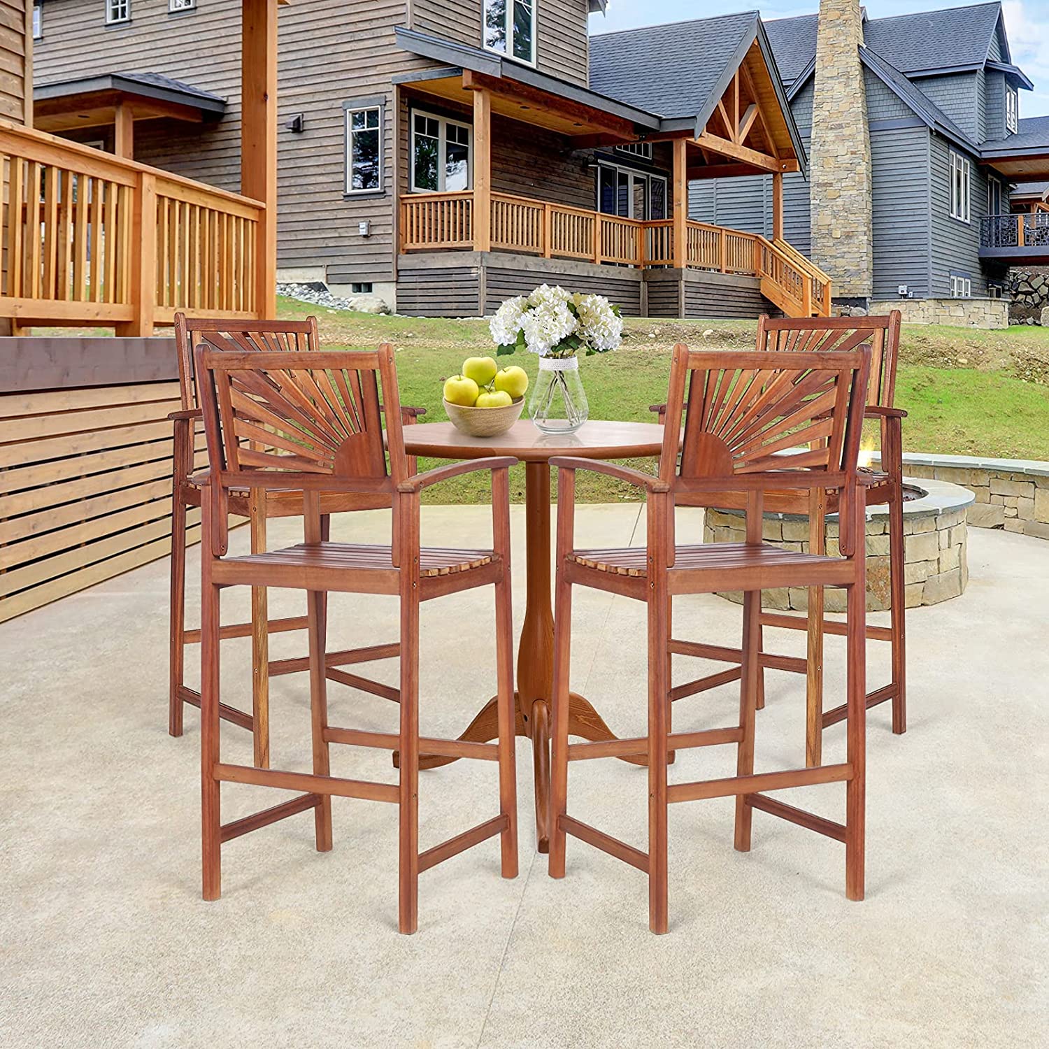 Set of 2 Patio Bar Stools Outdoor Acacia Wood Bar Chairs with Sunflower Backrest and Curved Armrests for Balcony Sunroom