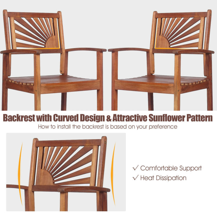 Set of 2 Patio Bar Stools Outdoor Acacia Wood Bar Chairs with Sunflower Backrest and Curved Armrests for Balcony Sunroom