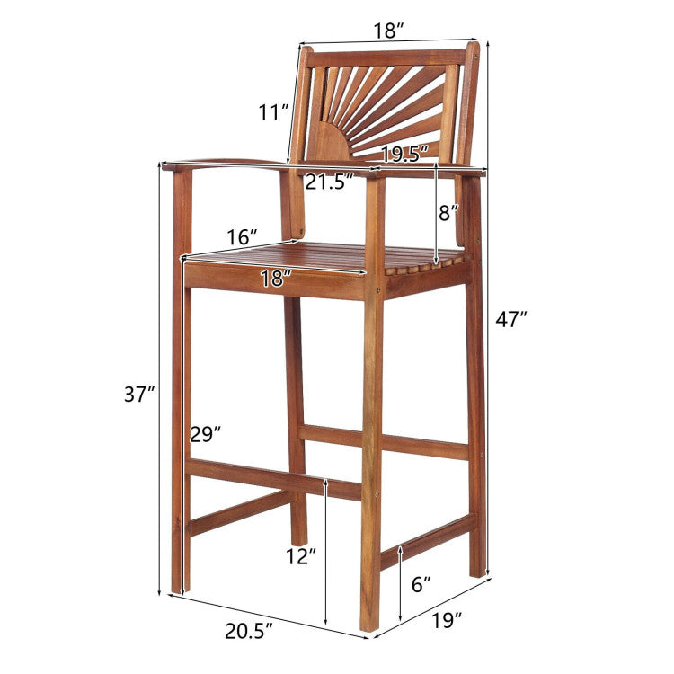 Set of 2 Patio Bar Stools Outdoor Acacia Wood Bar Chairs with Sunflower Backrest and Curved Armrests for Balcony Sunroom