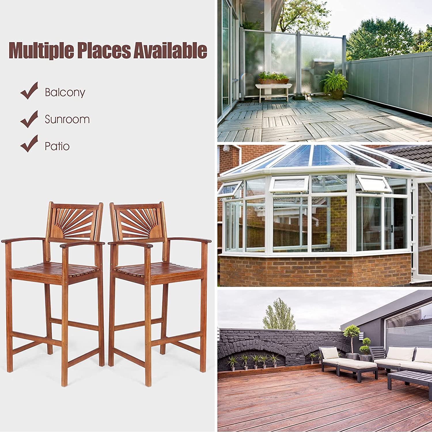 Set of 2 Patio Bar Stools Outdoor Acacia Wood Bar Chairs with Sunflower Backrest and Curved Armrests for Balcony Sunroom