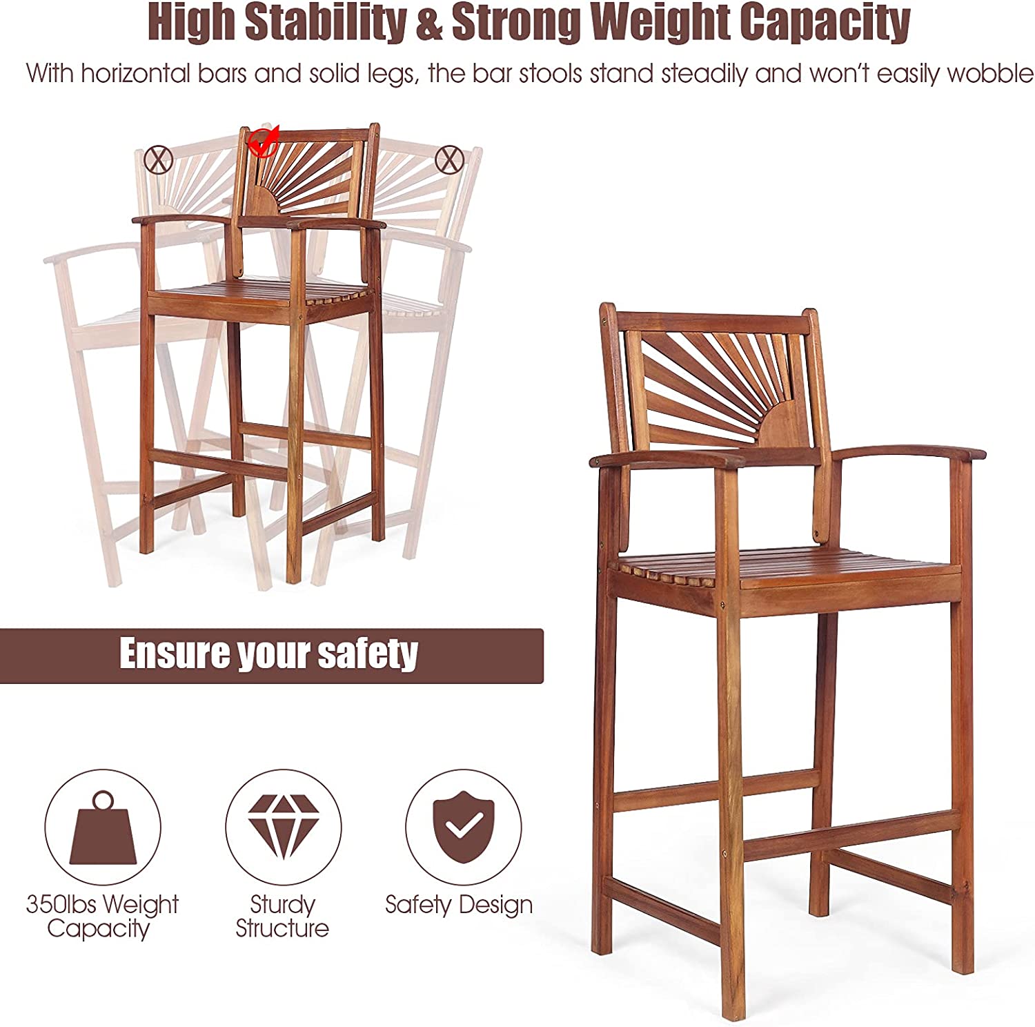 Set of 2 Patio Bar Stools Outdoor Acacia Wood Bar Chairs with Sunflower Backrest and Curved Armrests for Balcony Sunroom