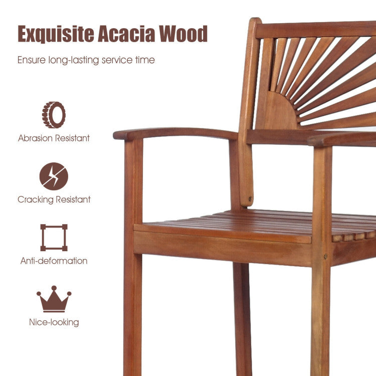 Set of 2 Patio Bar Stools Outdoor Acacia Wood Bar Chairs with Sunflower Backrest and Curved Armrests for Balcony Sunroom
