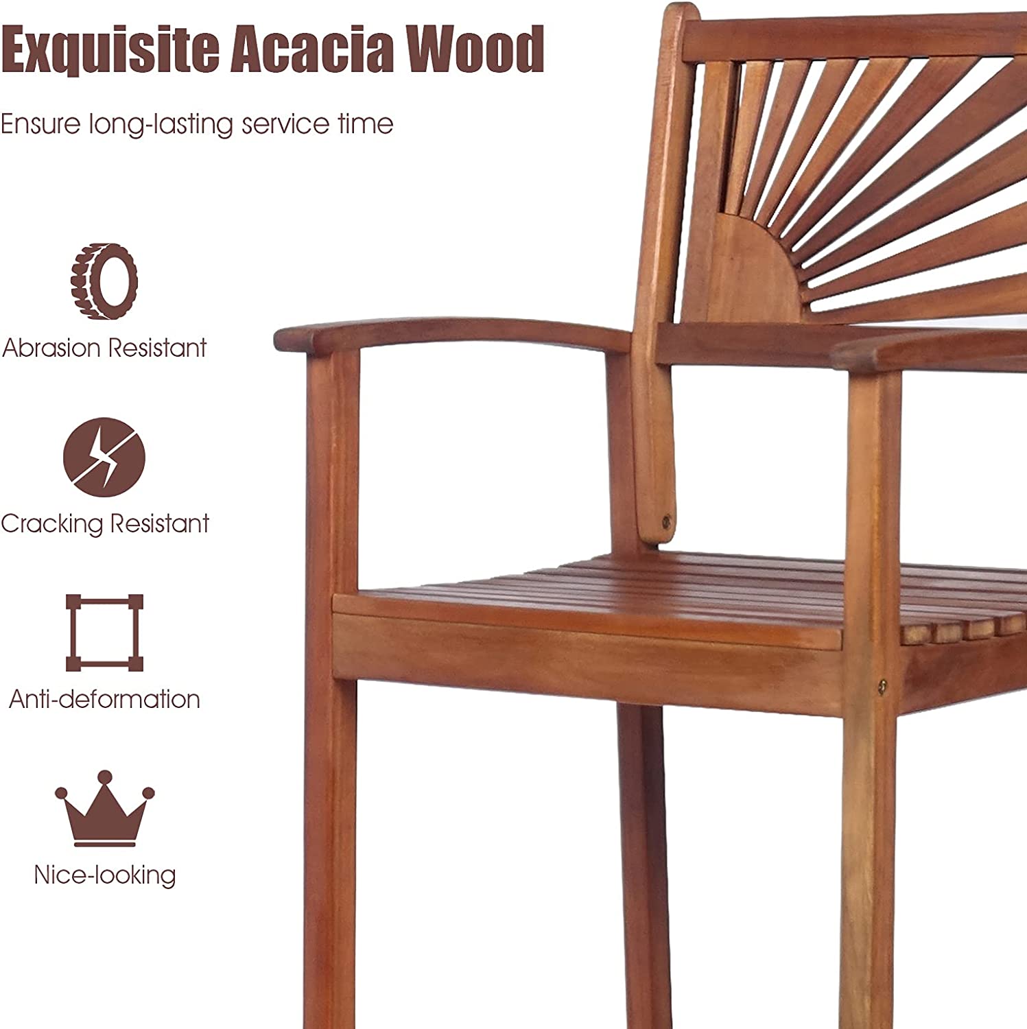 Set of 2 Patio Bar Stools Outdoor Acacia Wood Bar Chairs with Sunflower Backrest and Curved Armrests for Balcony Sunroom