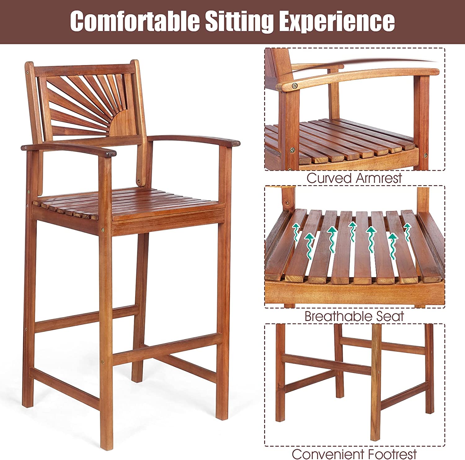 Set of 2 Patio Bar Stools Outdoor Acacia Wood Bar Chairs with Sunflower Backrest and Curved Armrests for Balcony Sunroom