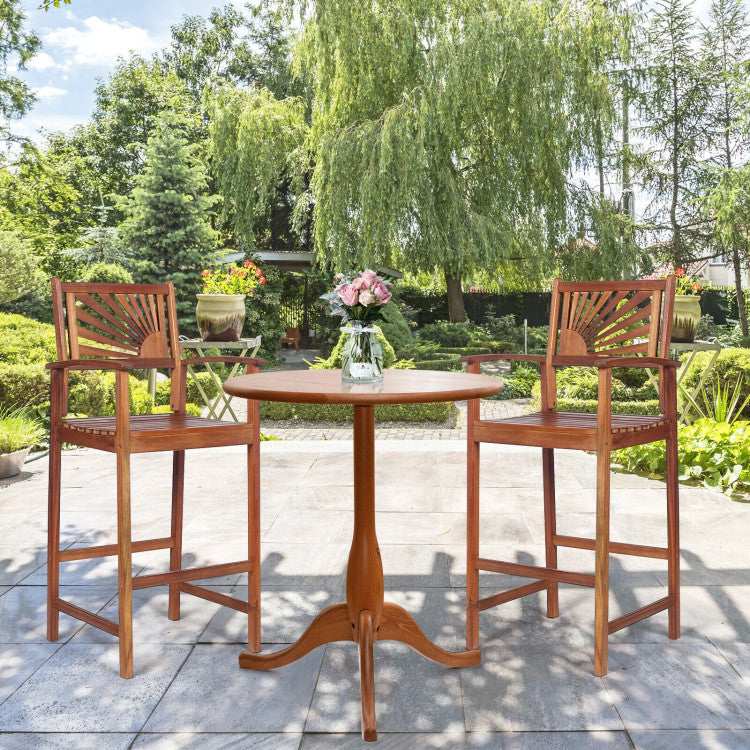 Set of 2 Patio Bar Stools Outdoor Acacia Wood Bar Chairs with Sunflower Backrest and Curved Armrests for Balcony Sunroom