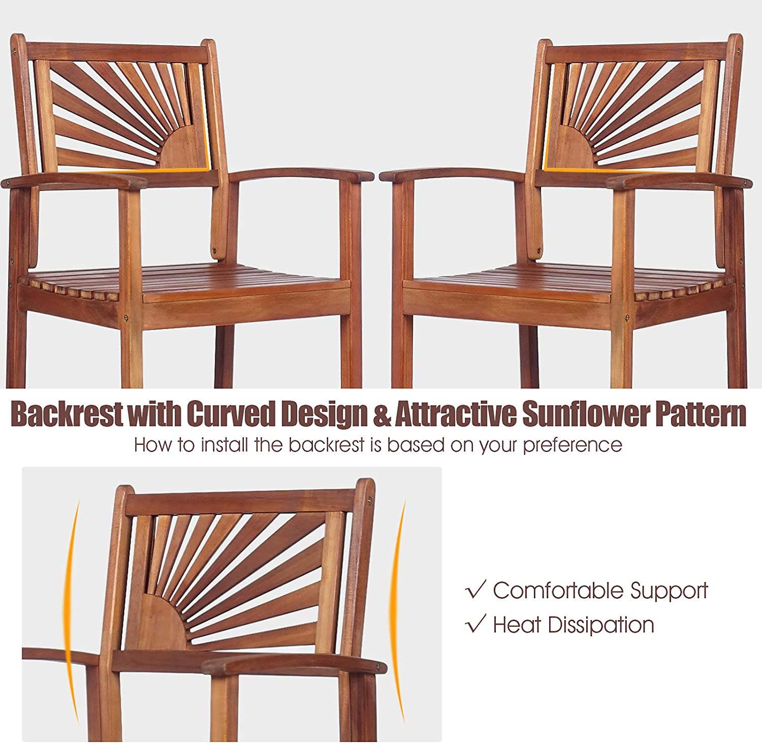 Set of 2 Patio Bar Stools Outdoor Acacia Wood Bar Chairs with Sunflower Backrest and Curved Armrests for Balcony Sunroom