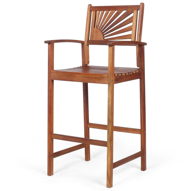 Set of 2 Patio Bar Stools Outdoor Acacia Wood Bar Chairs with Sunflower Backrest and Curved Armrests for Balcony Sunroom