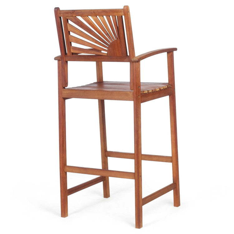 Set of 2 Patio Bar Stools Outdoor Acacia Wood Bar Chairs with Sunflower Backrest and Curved Armrests for Balcony Sunroom