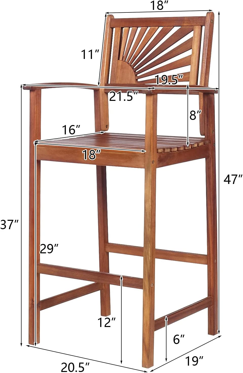 Set of 2 Patio Bar Stools Outdoor Acacia Wood Bar Chairs with Sunflower Backrest and Curved Armrests for Balcony Sunroom