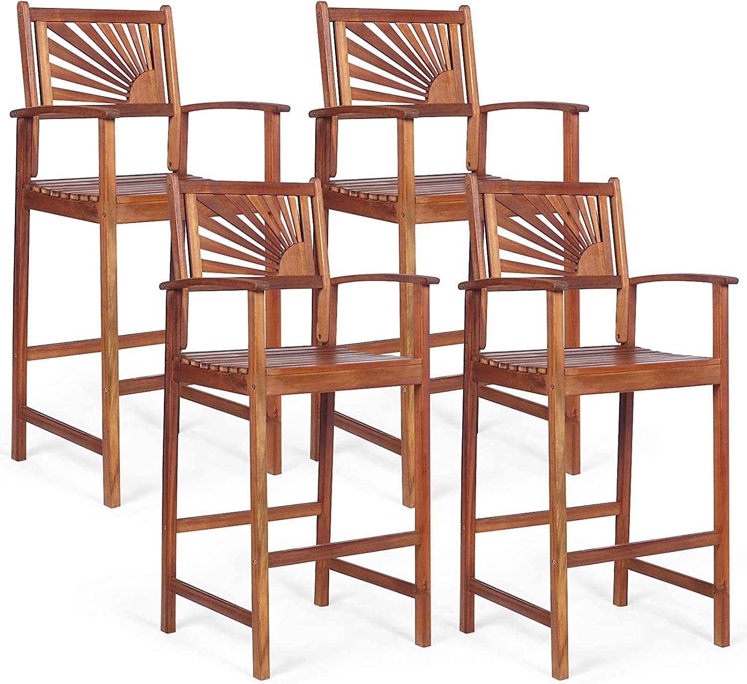 Set of 2 Patio Bar Stools Outdoor Acacia Wood Bar Chairs with Sunflower Backrest and Curved Armrests for Balcony Sunroom