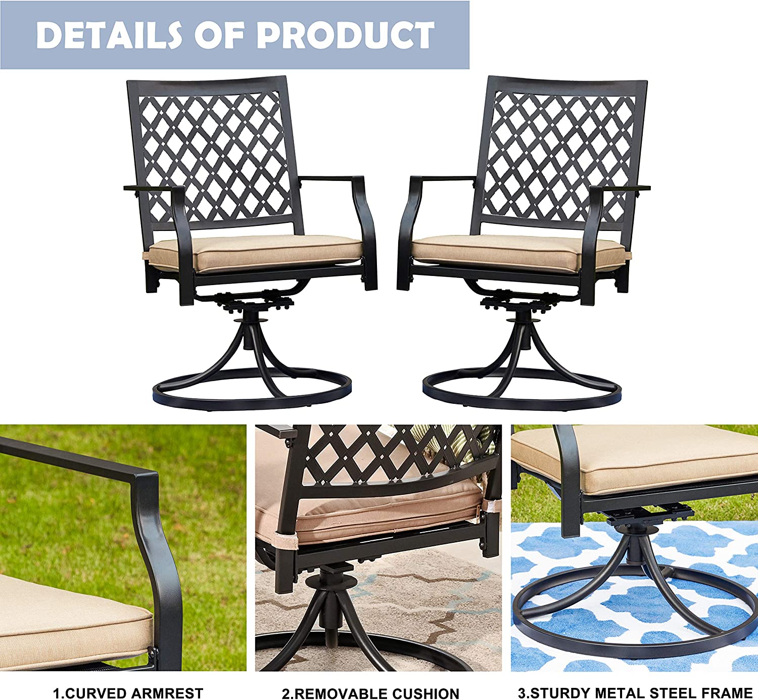 Set of 2 Patio Dining Chairs Outdoor 360° Swivel Rocker Chair Bistro Set with Cushion and Armrest