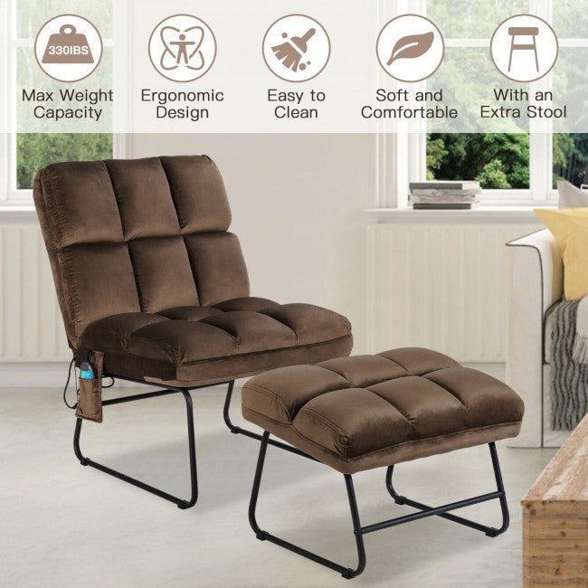 Electric Massage Sofa Chair Velvet Fabric Massage Couch with Ottoman and Side Pocket