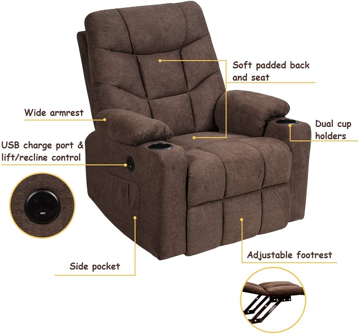 Electric Power Lift Recliner Chair Motorized Massage Sofa Chair with 8-Point Massage and Lumbar Heat for Elderly