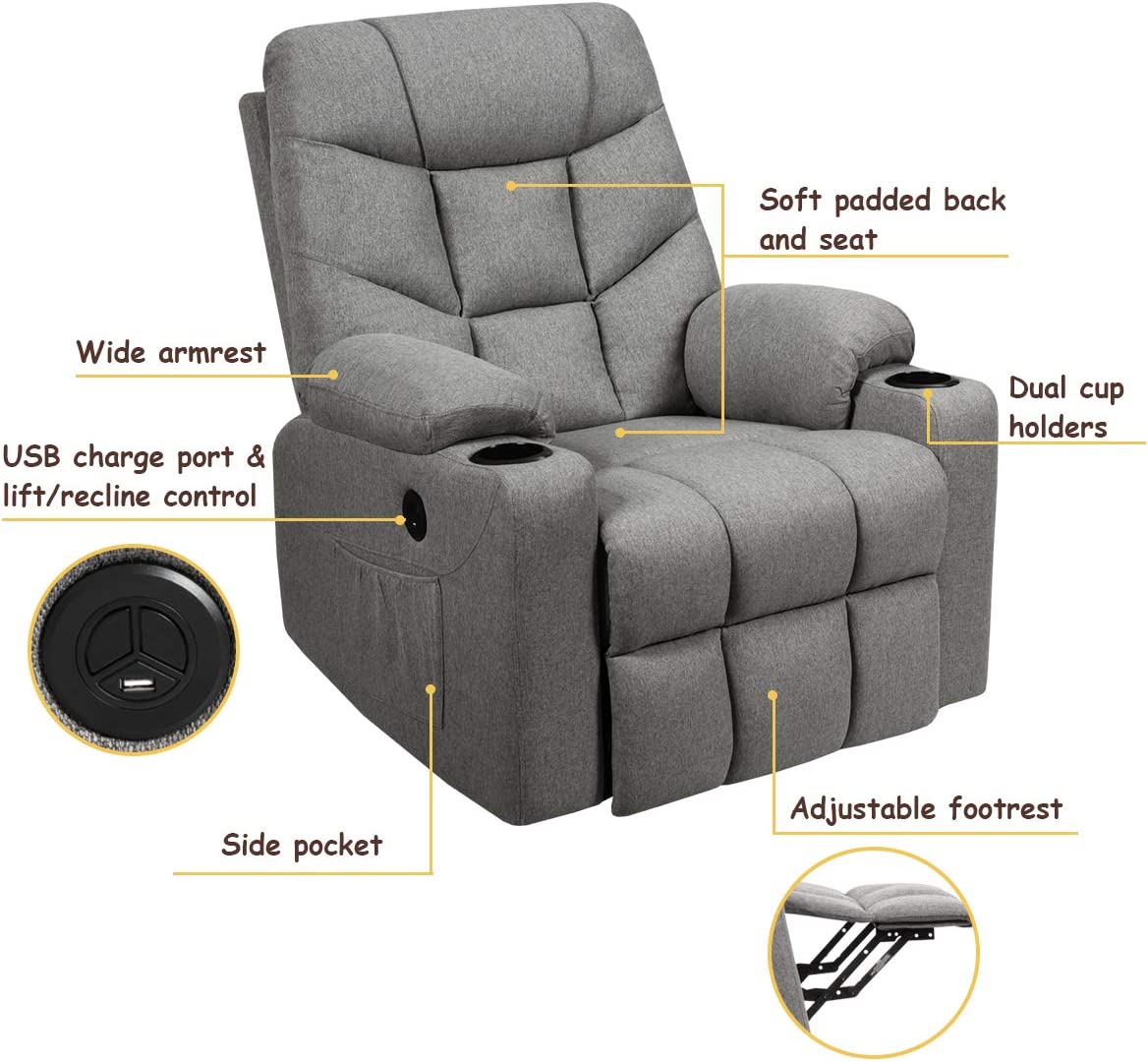 Electric Power Lift Recliner Chair Motorized Massage Sofa Chair with 8-Point Massage and Lumbar Heat for Elderly