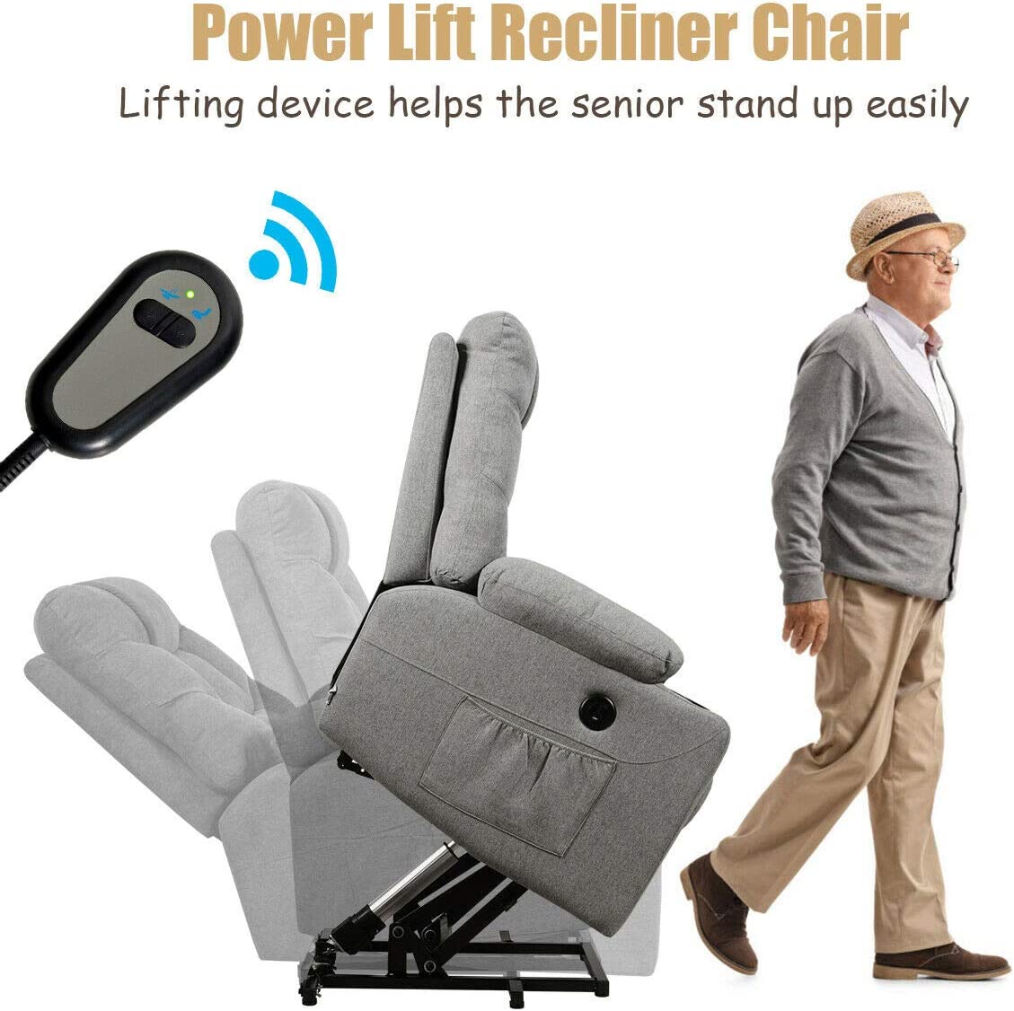 Electric Power Lift Recliner Chair Motorized Massage Sofa Chair with 8-Point Massage and Lumbar Heat for Elderly
