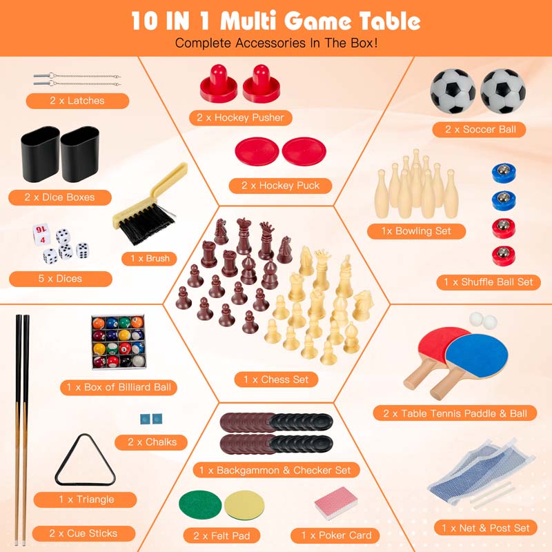 10-in-1 Multi Game Table Set, Combo Game Table with Air Hockey, Foosball, Table Tennis, Pool, Bowling & Board Games for Adults Family, Home Game Room