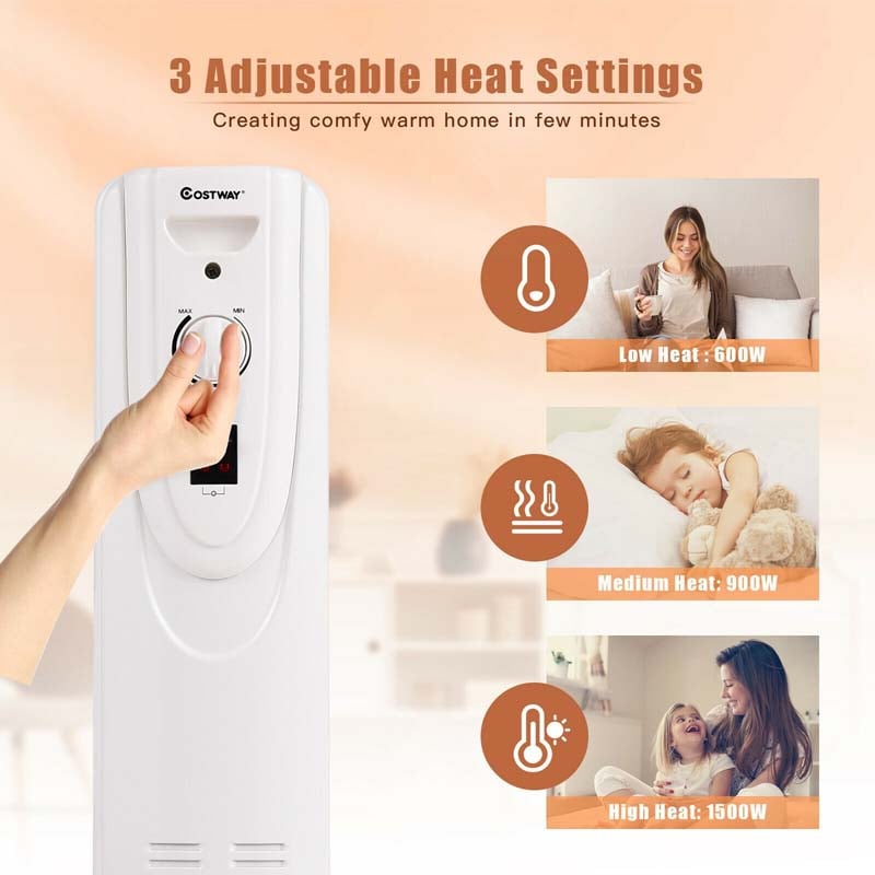 1500W Oil Filled Radiator Heater Portable Electric Space Heater with Thermostat and Overheat Protection
