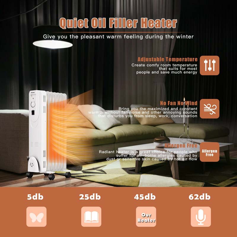 1500W Oil Filled Radiator Heater Portable Electric Space Heater with Thermostat and Overheat Protection
