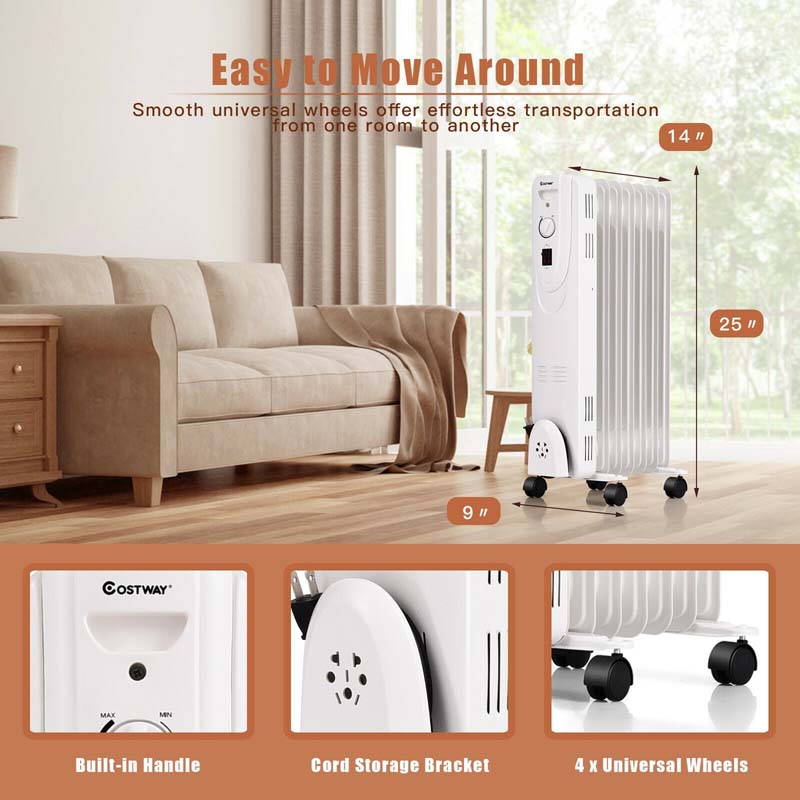 1500W Oil Filled Radiator Heater Portable Electric Space Heater with Thermostat and Overheat Protection