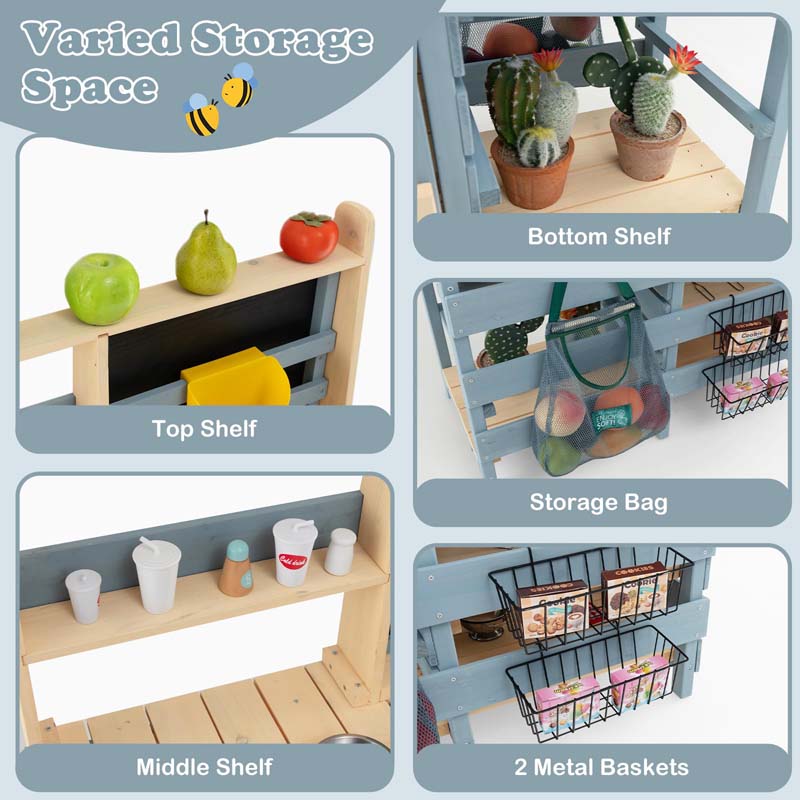 2-In-1 Kids Outdoor Mud Kitchen, Fir Wood Double Sided Kitchen Playset & Grocery Store with Faucet, Removable Sink, Blackboard, Storage Bag & Basket