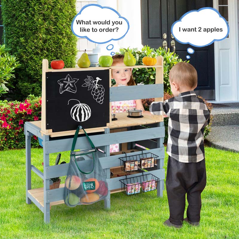 2-In-1 Kids Outdoor Mud Kitchen, Fir Wood Double Sided Kitchen Playset & Grocery Store with Faucet, Removable Sink, Blackboard, Storage Bag & Basket