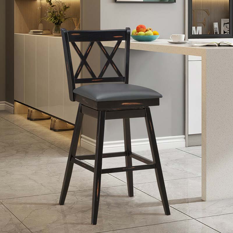 29" Swivel Bar Stools Set of 2 with Back & Rubber Wood Legs, Upholstered Bar Height Dining Chairs for Kitchen Island, Pub, Restaurant