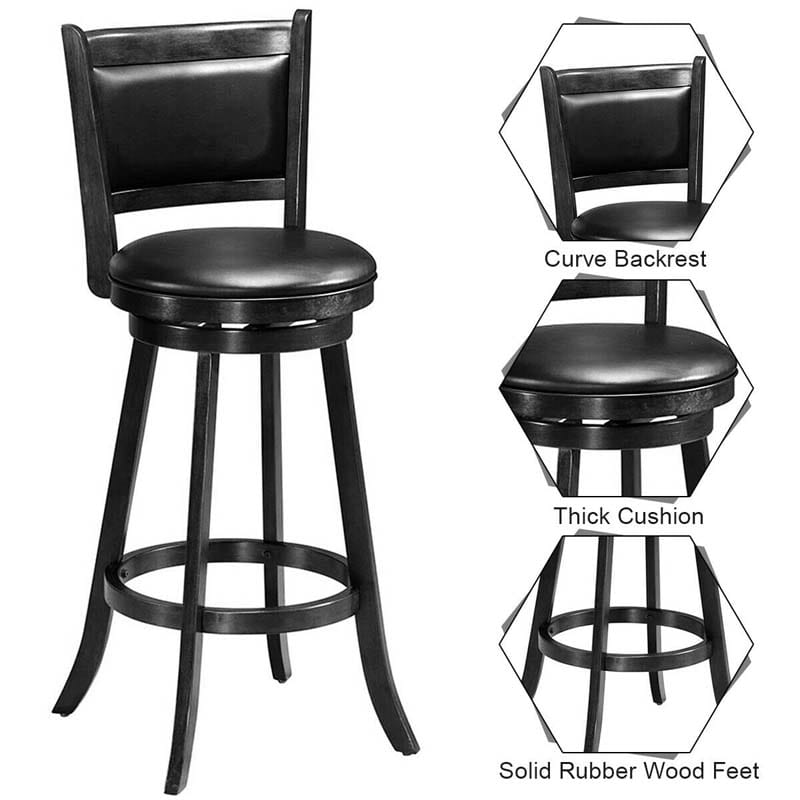 29" Wood Swivel Bar Stools Set of 2 with Back, PVC Leather Cushion Seat, Upholstered Bar Height Dining Chairs for Kitchen Island Living Room