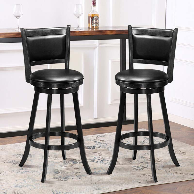 29" Wood Swivel Bar Stools Set of 2 with Back, PVC Leather Cushion Seat, Upholstered Bar Height Dining Chairs for Kitchen Island Living Room