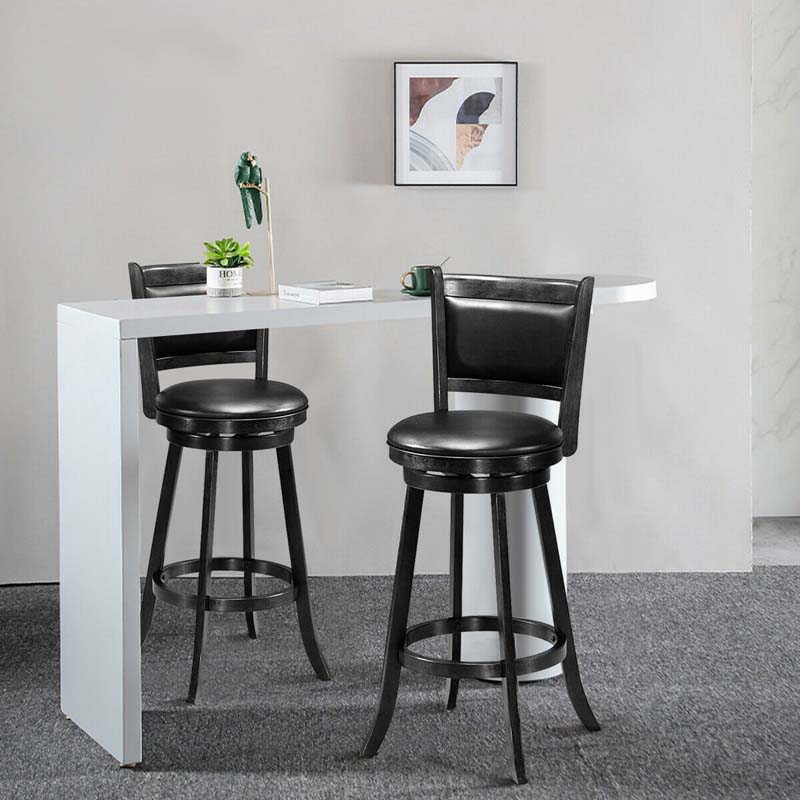 29" Wood Swivel Bar Stools Set of 2 with Back, PVC Leather Cushion Seat, Upholstered Bar Height Dining Chairs for Kitchen Island Living Room