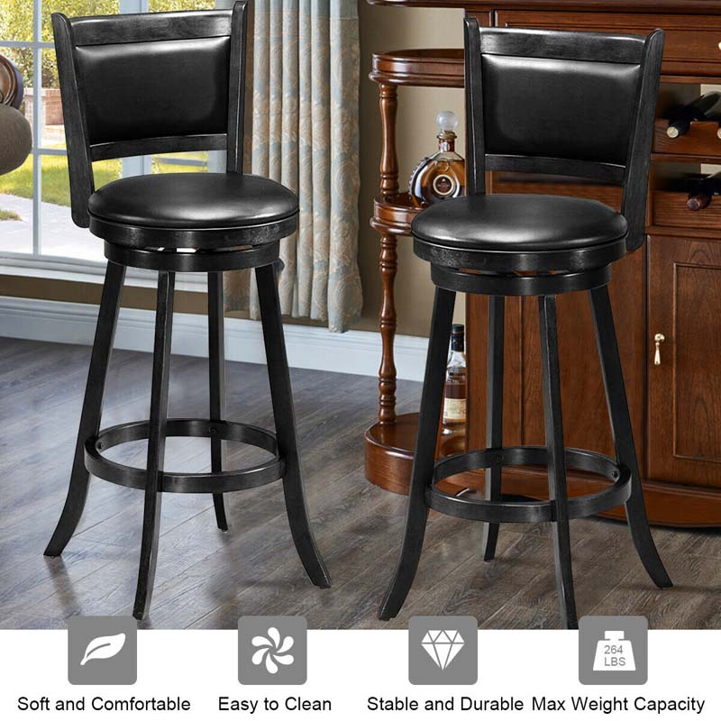 29" Wood Swivel Bar Stools Set of 2 with Back, PVC Leather Cushion Seat, Upholstered Bar Height Dining Chairs for Kitchen Island Living Room