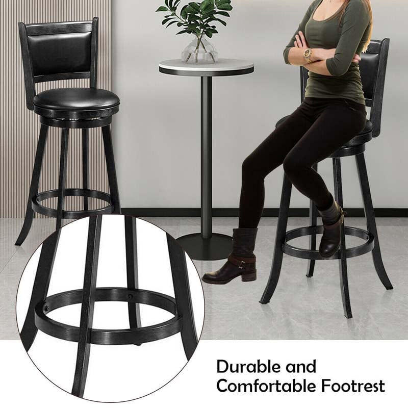 29" Wood Swivel Bar Stools Set of 2 with Back, PVC Leather Cushion Seat, Upholstered Bar Height Dining Chairs for Kitchen Island Living Room