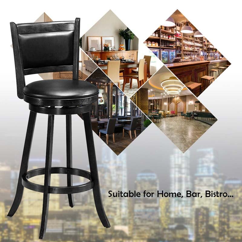 29" Wood Swivel Bar Stools Set of 2 with Back, PVC Leather Cushion Seat, Upholstered Bar Height Dining Chairs for Kitchen Island Living Room