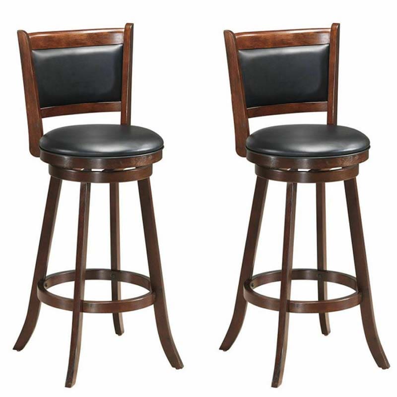 29" Wood Swivel Bar Stools Set of 2 with Back, PVC Leather Cushion Seat, Upholstered Bar Height Dining Chairs for Kitchen Island Living Room