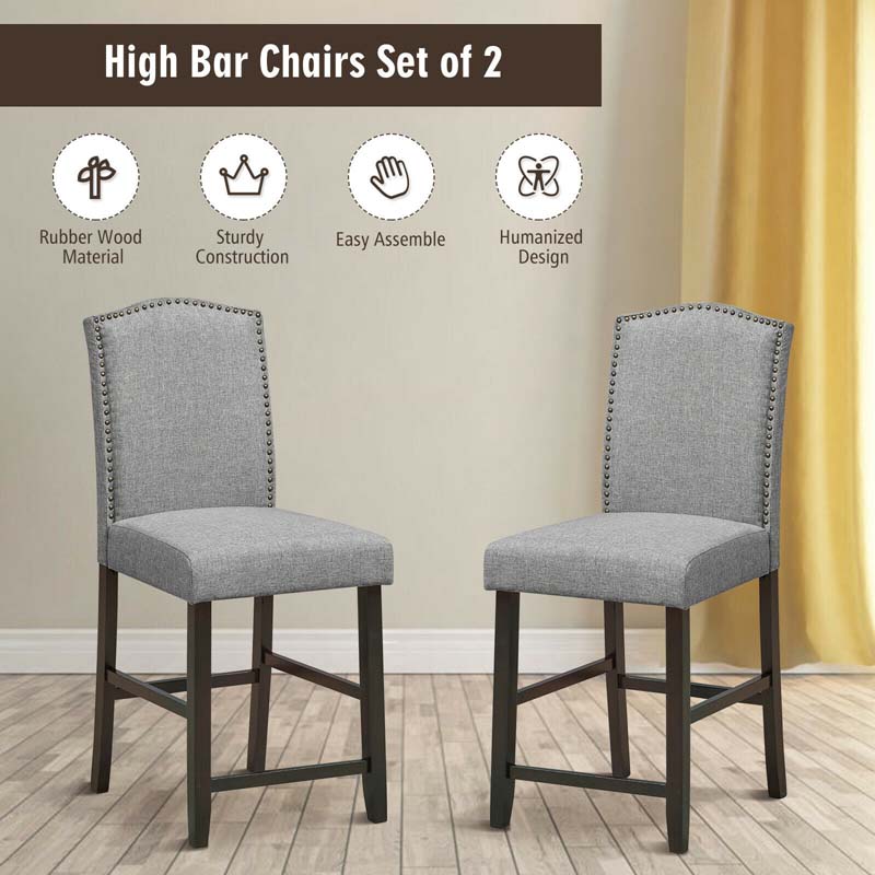24" Fabric Upholstered Bar Stools Set of 2, Nail Head High Back Counter Height Dining Chairs for Kitchen Island Pub