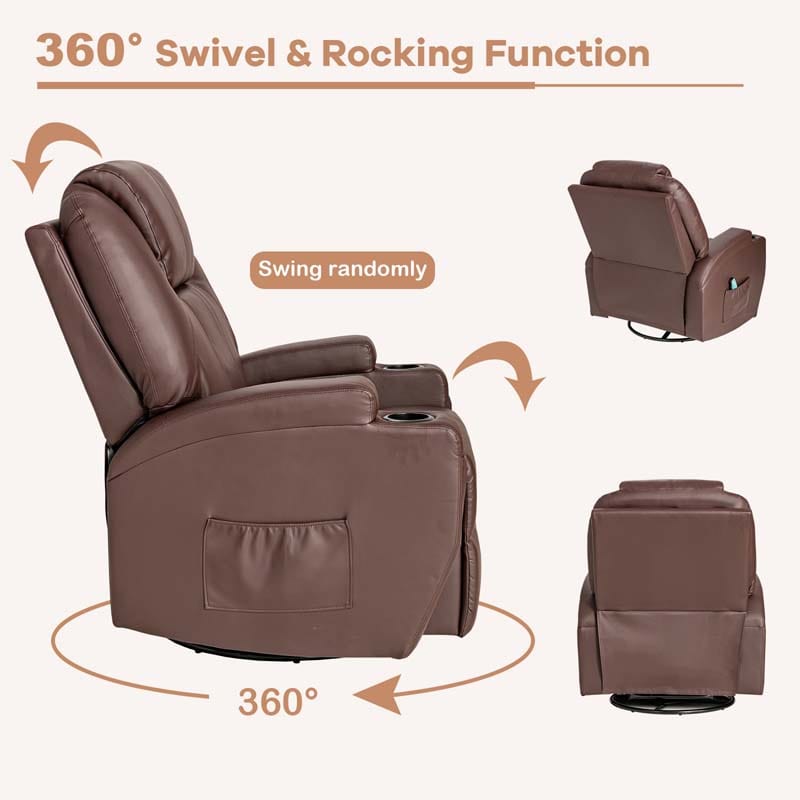 360 Degree Swivel Massage Recliner Chair Leather Glider Rocker Lounge Chair with Remote Control and Lumbar Heating for Nursery