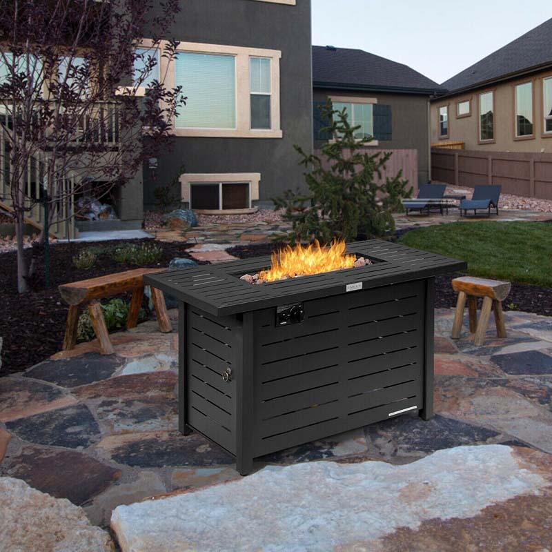 60000 BTU Outdoor Propane Fire Pit Table 42" Rectangular Gas Fire Table with Lava Rock Waterproof Cover