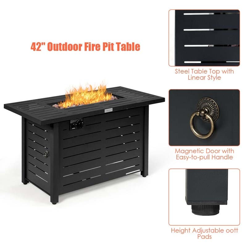 60000 BTU Outdoor Propane Fire Pit Table 42" Rectangular Gas Fire Table with Lava Rock Waterproof Cover