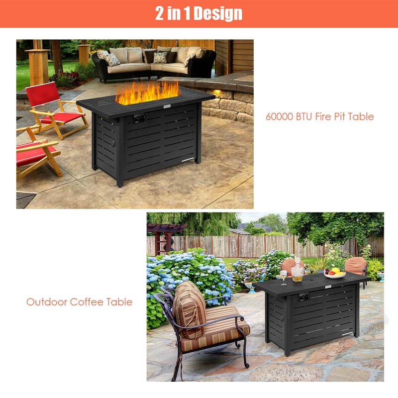 60000 BTU Outdoor Propane Fire Pit Table 42" Rectangular Gas Fire Table with Lava Rock Waterproof Cover