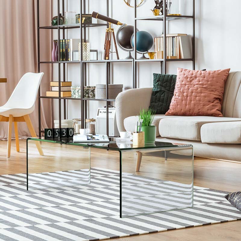 42.5" Modern Clear Tempered Glass Coffee Table with Rounded Edges, Waterfall Center Table Side Table for Living Room & Office, No Assembly