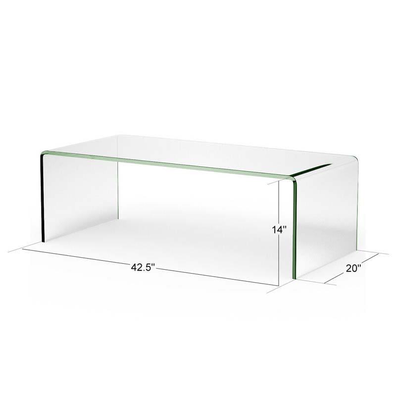 42.5" Modern Clear Tempered Glass Coffee Table with Rounded Edges, Waterfall Center Table Side Table for Living Room & Office, No Assembly