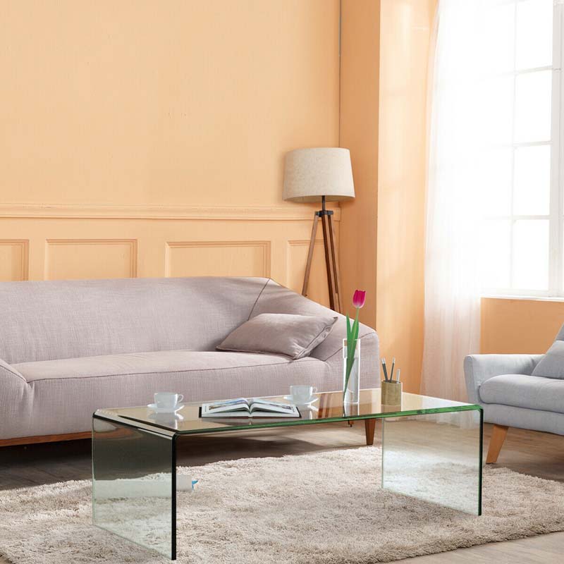 42.5" Modern Clear Tempered Glass Coffee Table with Rounded Edges, Waterfall Center Table Side Table for Living Room & Office, No Assembly