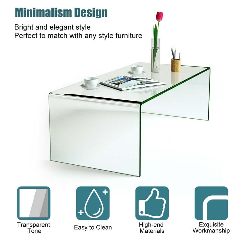 42.5" Modern Clear Tempered Glass Coffee Table with Rounded Edges, Waterfall Center Table Side Table for Living Room & Office, No Assembly