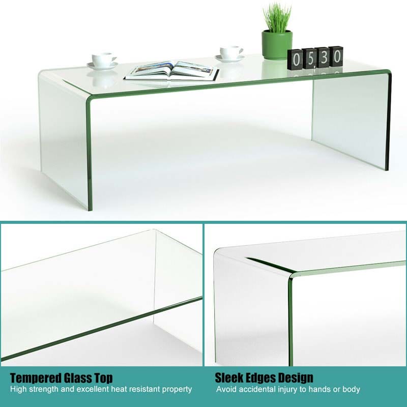 42.5" Modern Clear Tempered Glass Coffee Table with Rounded Edges, Waterfall Center Table Side Table for Living Room & Office, No Assembly