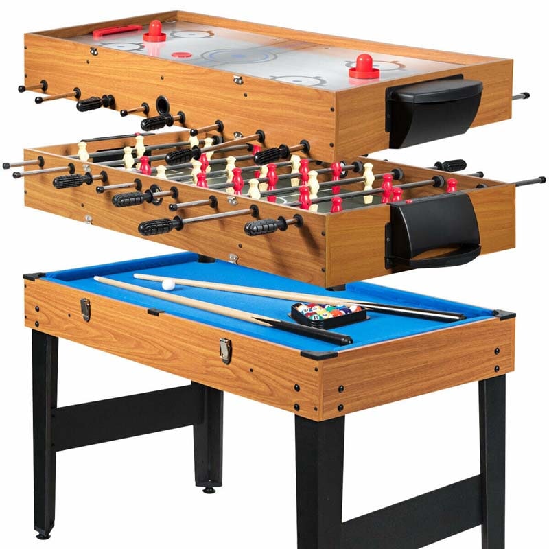 3-in-1 Multi Game Table, 48" Wooden Combo Game Table with Soccer, Billiard, Slide Hockey for Game Room, Home Office, Bar Party