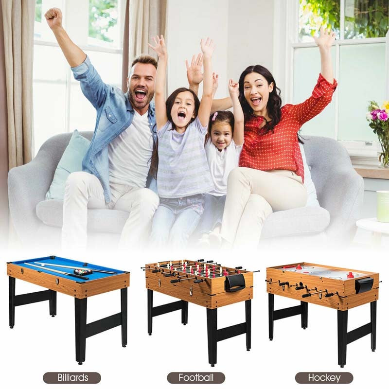 3-in-1 Multi Game Table, 48" Wooden Combo Game Table with Soccer, Billiard, Slide Hockey for Game Room, Home Office, Bar Party