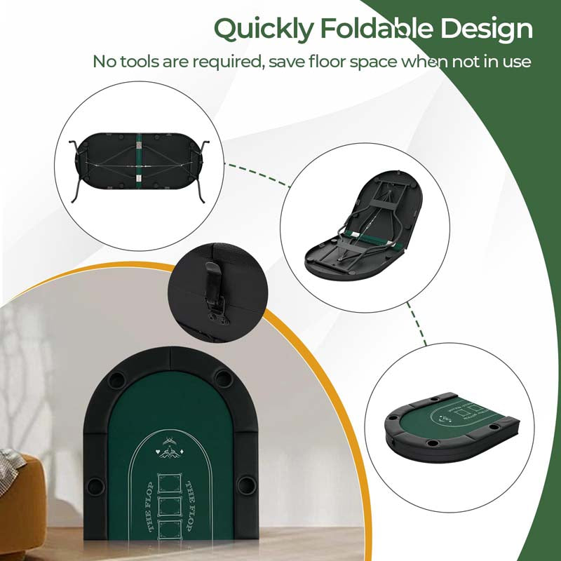 8-Player Foldable Poker Table, 72" Portable Texas Holdem Casino Leisure Table with Cup Holders, Oval Card Game Blackjack Table for Game Room