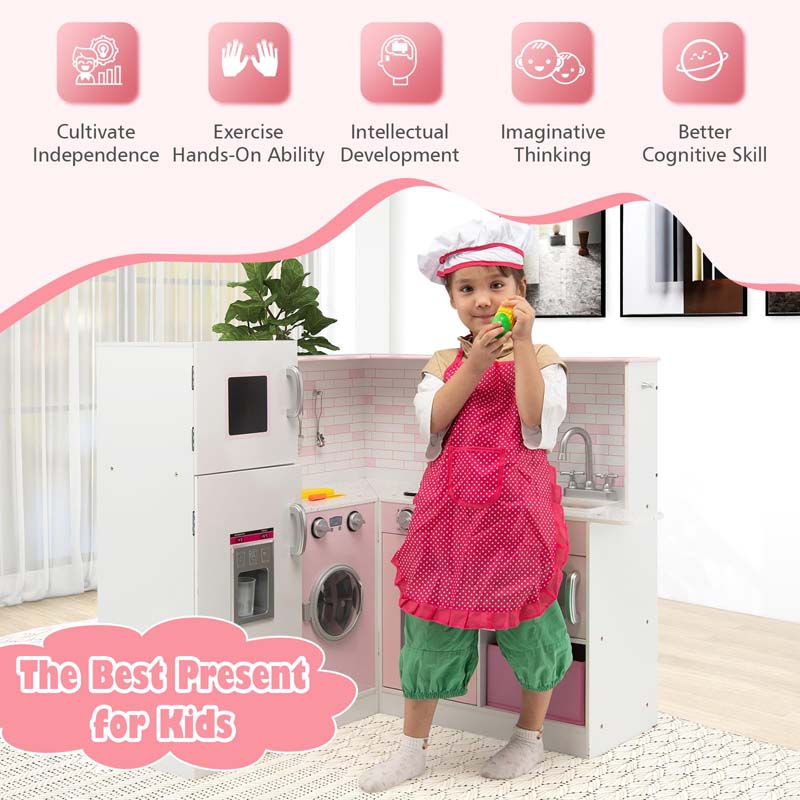 Pink Kids Corner Kitchen Playset, Wooden Pretend Play Kitchen Toy Set with Realistic Light & Sound, Washing Machine, Microwave