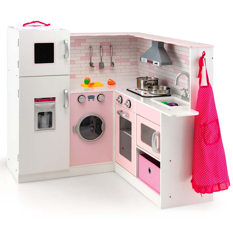 Pink Kids Corner Kitchen Playset, Wooden Pretend Play Kitchen Toy Set with Realistic Light & Sound, Washing Machine, Microwave